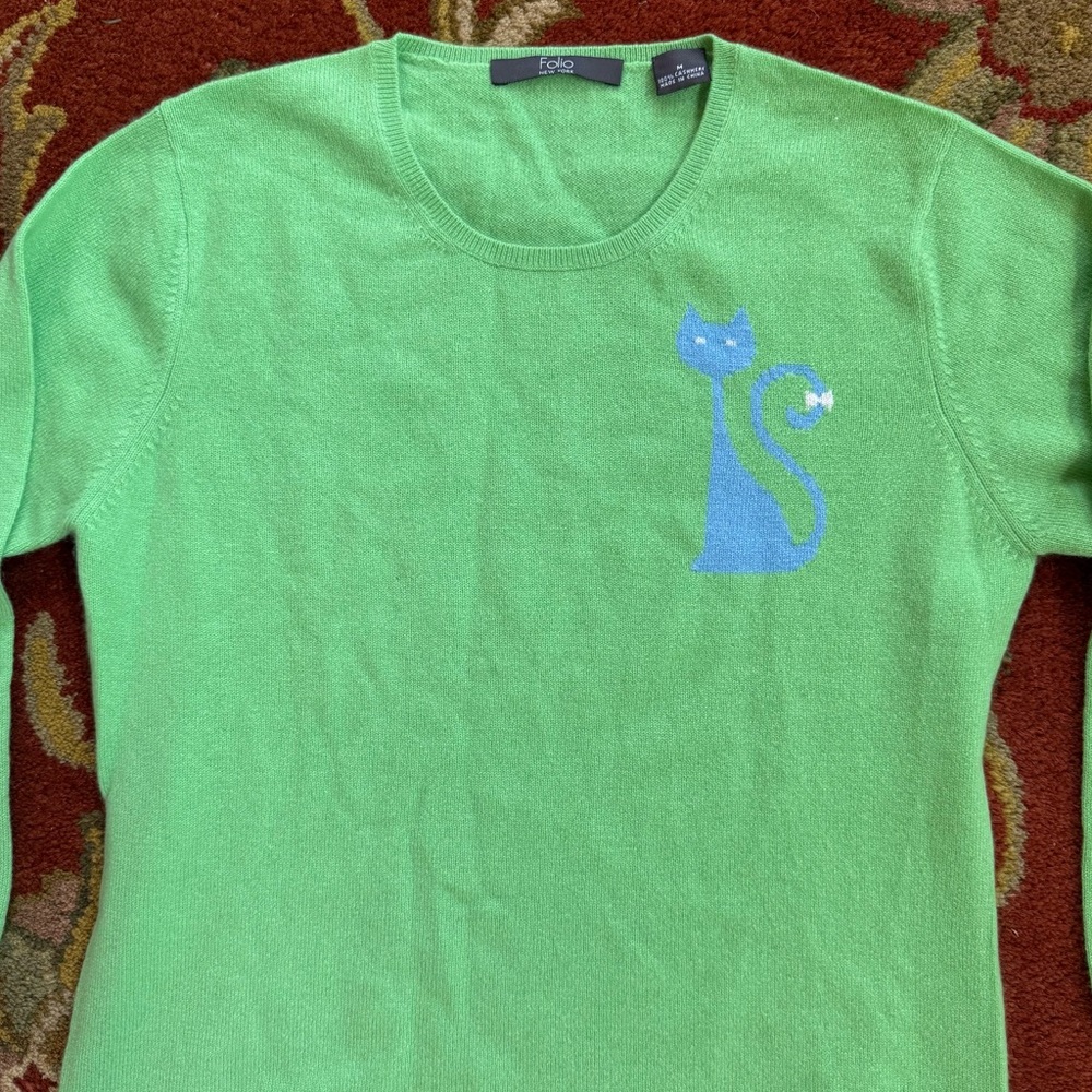 Folio New York 100% Cashmere 3/4 Sleeve Cat Sweater Green/Blue Size Medium